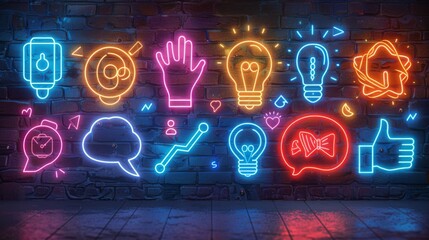 Poster - develop a collection of neon teamwork symbols, including shining handshakes