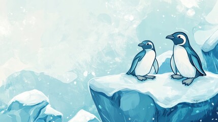 Poster - Whimsical doodle of playful penguins on icebergs with space for text in a serene winter setting. Generative AI