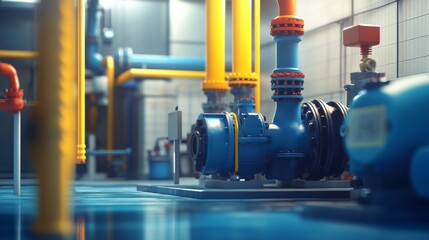 Poster - industrial water pump system with colorful pipes and valves in modern facility showing advanced mach