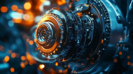 Poster - Intricate Close-Up of a High-Tech Gear Mechanism with Glowing Elements, Featuring a Blend of Metal Textures and Bright Light Reflections in an Abstract Industrial Environment