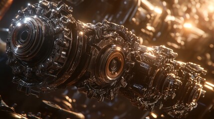 Poster - Intricate Close-Up of High-Tech Mechanical Gears and Components, Showcasing Brilliant Reflection and Complex Design for Industrial Backgrounds