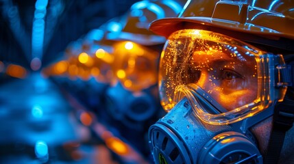 Poster - Conceptualize a neon exhibit of workplace safety symbols, including shimmering