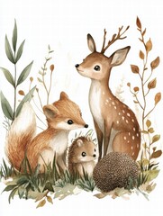 Aufkleber - Forest animals gather in harmony amidst lush greenery and delicate foliage on a peaceful day. Generative AI