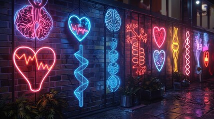 Poster - Create a neon collection of health symbols, including glowing hearts