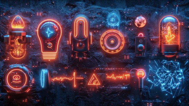 Devise a neon set of voice-controlled home symbols, including illuminated