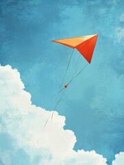 Aufkleber - Colorful kite soaring high against a naive art style background with clear blue skies and fluffy white clouds. Generative AI