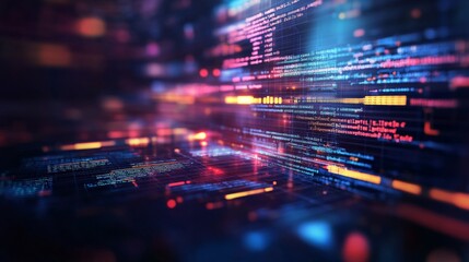 Poster - Abstract futuristic digital data flow featuring vibrant glowing lines, binary code, and a dynamic composition that represents technology, innovation, and modern computing processes.