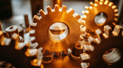 Poster - Close-Up of Interlocking Golden Gears in a Mechanical Setting Highlighting Intricate Details and Precision Engineering in Industrial Machinery