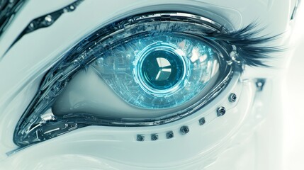 Poster - Close-Up View of a Futuristic Robotic Eye with Intricate Technology Details, Creating a Stunning Blend of Organic and Mechanical Features