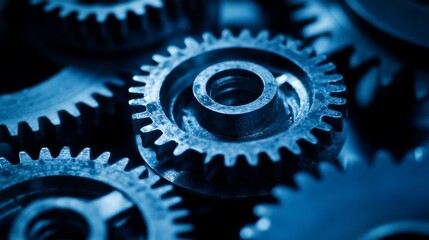 Poster - Close-Up View of Intricate Metal Gears with Sharp Teeth and a Glossy Finish, Showcasing Industrial Design and Engineering Precision in Deep Blue Tones