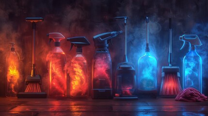 Poster - create a collection of neon cleaning symbols, including shimmering vacuums
