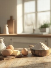 Poster - Gathering fresh ingredients on a wooden kitchen counter for baking. Generative AI
