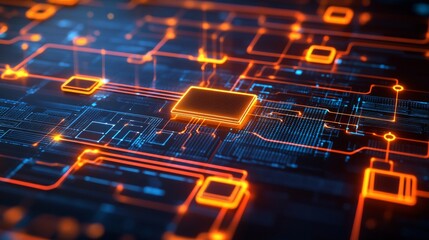 Poster - Futuristic Circuit Board with Electric Orange Highlights and Abstract Technology Design Suitable for Digital Innovations and Electronic Concepts