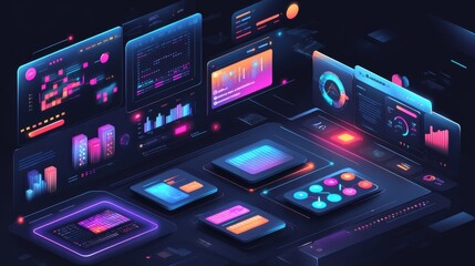 Poster - Futuristic Data Visualization Interface with Neon Elements, Featuring Colorful Graphs, Charts, and Informative Panels for Modern Technology Analysis