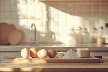 Poster - Cooking ingredients on a wooden countertop with sunlight shining in a cozy kitchen. Generative AI