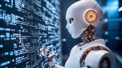 Poster - Futuristic Robot Interacting with Digital Data Display, Showcasing Artificial Intelligence Technology and Advanced Robotics in a Modern Setting