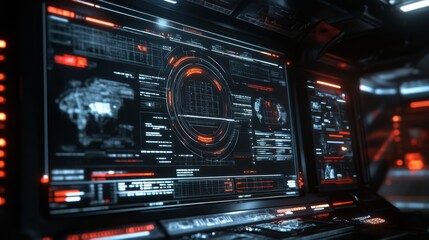 Poster - High-Tech Control Interface with Futuristic Graphics and Data Visualization in a Dark Environment, Ideal for Science Fiction Themes and Tech Concept Art