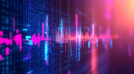 Poster - Vibrant Abstract Soundwave Visual with Dynamic Light Effects and Colorful Digital Patterns for Music and Audio Related Themes