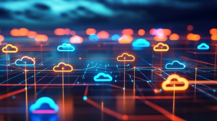Poster - Vivid Abstract Representation of Digital Cloud Technology with Neon Cloud Icons in a Futuristic Network Setting and Glowing Lines on a Dark Background