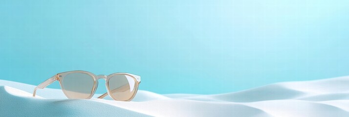 Aufkleber - Stylish sunglasses resting on soft white sand with a serene blue background ideal for summer relaxation. Generative AI
