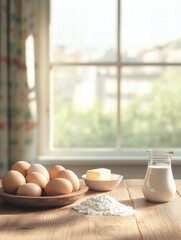 Poster - Baking essentials displayed on a wooden counter with natural light streaming through a window in a cozy kitchen. Generative AI
