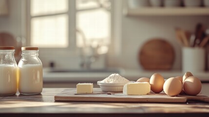 Poster - Cooking ingredients including eggs, milk, flour, and butter arranged on a wooden kitchen counter for a recipe. Generative AI