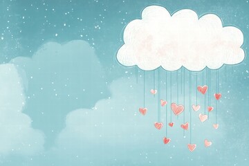 Leinwandbilder - Whimsical hand drawn Valentines Day design featuring heart shaped rain under a cloudy sky. Generative AI