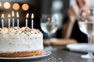 A beautifully decorated birthday cake with lit candles, sprinkles, and glasses of wine, set in an elegant and intimate setting awaiting a celebration.