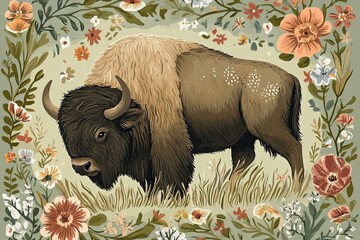 Sticker - Bison in a Floral Meadow Artistic Rendering