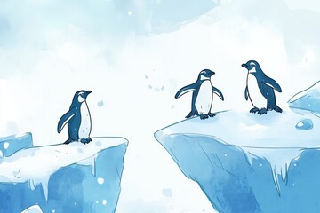 Poster - Playful penguins gathered on floating icebergs enjoying a whimsical winter day in a serene snowy landscape. Generative AI
