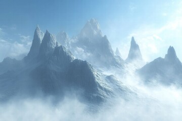 Poster - Majestic mountain peaks rise through mist on a serene morning with ample copy space for text. Generative AI