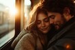 © Lens Legacy - A couple shares an intimate embrace on a train, bathed in warm, soft sunlight, capturing a serene and affectionate moment as they journey together.