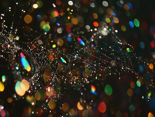 Delicate spider web with sparkling colorful light reflections