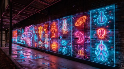 Poster - Craft a neon display of sports medicine symbols, featuring illuminated