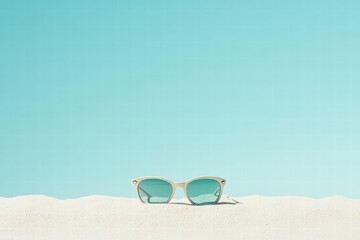 Aufkleber - Stylish sunglasses resting on soft sandy beach with clear blue sky in the background evoking summer vibes and relaxation. Generative AI