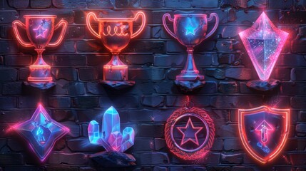 Poster - Curate a neon series of success symbols, featuring illuminated trophies