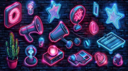 Poster - Create a collection of neon leadership symbols, including illuminated podiums