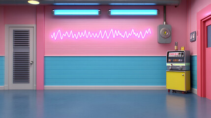 Wall Mural - Retro Pink & Teal Room with Neon Wave, Vending Machine, and Door