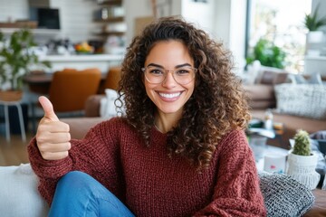 Wall Mural - A smiling woman with curly hair and glasses wearing a comfy sweater, gives a thumbs up while sitting in a contemporary living room, exuding warmth and friendliness.