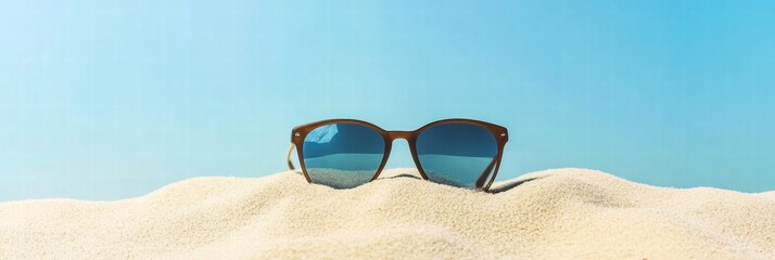 Aufkleber - Stylish sunglasses resting in golden sand under a clear blue sky at a beach during daylight hours. Generative AI