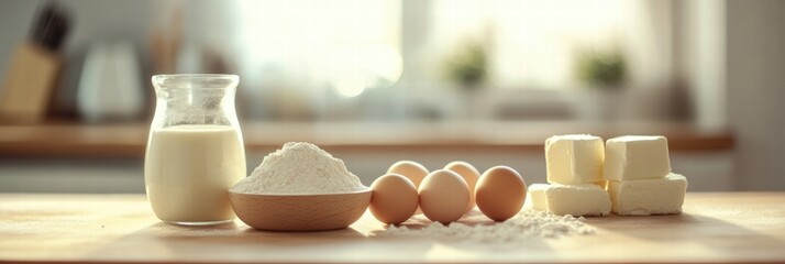 Poster - Ingredients for baking on a wooden kitchen counter with ample copy space for text. Generative AI