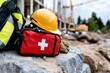 © Lens Legacy - A red first aid kit and a yellow hard hat laying on rocks at a construction site, symbolizing safety and preparedness in a busy work environment outdoors.