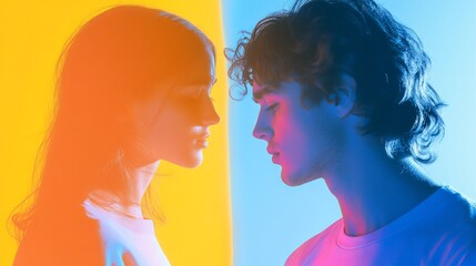Poster - A close-up of two people in profile with colorful lighting contrasts.