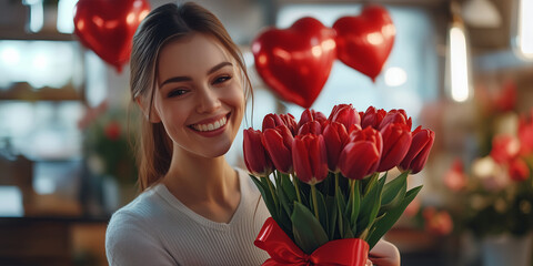 Wall Mural - Young female florist in flower shop assembling beautiful bunch of red tulips for Valentine's day celebration