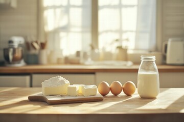 Poster - Eggs milk flour and butter arranged on a wooden kitchen counter with bright natural light and space for text. Generative AI