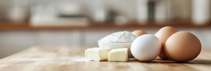 Aufkleber - Gathering of essential baking ingredients on a rustic wooden counter for delicious recipes in the kitchen. Generative AI