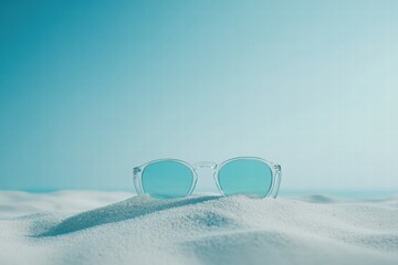 Aufkleber - Clear sunglasses resting on sunlit sand with azure sky in the background, perfect for beach relaxation moments. Generative AI