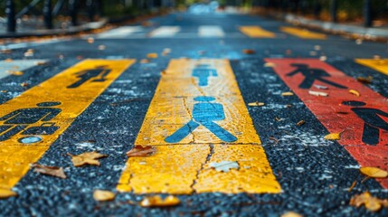 Fototapete - Illustrate a collection of pedestrian crossing symbols, including crosswalks, pedestrian