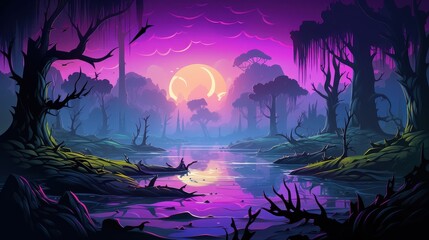 Wall Mural - Surreal Purple Forest Scene With Crescent Moon And Still Water