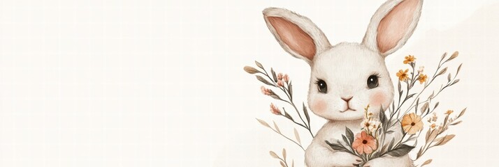 Poster - Cuddly rabbit holding a bouquet of flowers with space for text and creative mock up ideas. Generative AI